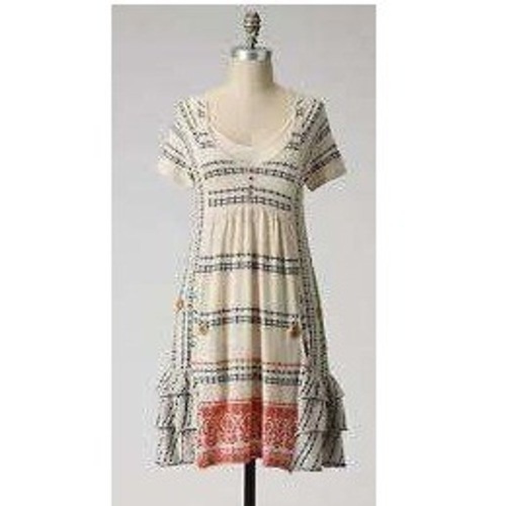 Anthropologie Moth Knit Dress Beige Red Black Embroidered Ruffle Hem Small